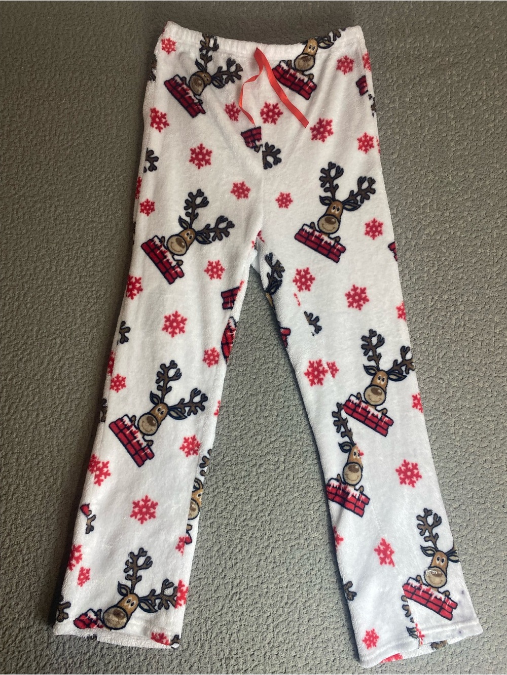 Girls White Reindeer Print Pajama Pants with Red Accents